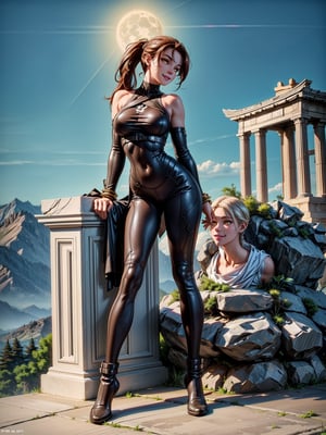 Just a woman, white T-shirt, black leather pants, brown boot, extremely tight and tight clothing, gigantic breasts, firm breasts, brown hair, shoulder-length hair, slender hair, hair with bangs in front of the eyes, hair in a ponytail, staring at the camera, (((erotic pose interacting and leaning on something))), in an ancient Arcadian temple,  with altars, great monuments, large statues, background of mountains with great waterfalls at night, with a full moon at the top left, ((full body):1.5), 16k, UHD, best possible quality, ((ultra detailed):1.2), best possible resolution, Unreal Engine 5, professional photography, perfect_hands