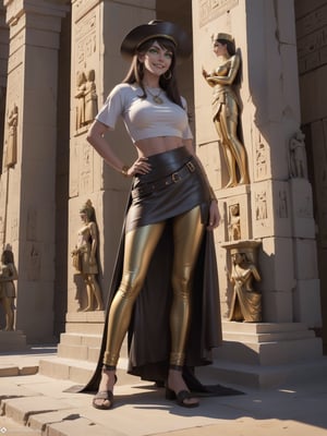 A woman, wearing a white T-shirt with a dark leather coat over her T-shirt, long brown leather pants, archaeologist's hat on her head, gigantic breasts, curly dark brown hair, bangs in front of her eyes, (((pose of erotic interacting and leaning on an object)))), in an ancient Egyptian temple, large gold altars, Grid statuettes of ancient gods,  a great waterfall fixed to a statue, is by day, desert full of sand, ((full body):1.5). 16k, UHD, best possible quality, best possible detail, best possible resolution, Unreal Engine 5, professional photography,