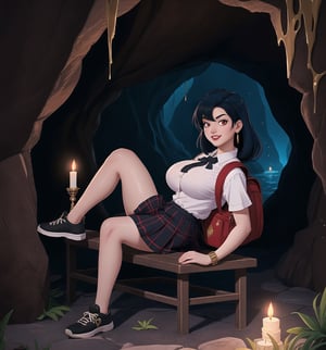 An ultra-detailed 4K fantasy-adventure masterpiece, rendered in ultra-high resolution with stunning graphical detail. | Akane, a young 22-year-old woman, is dressed in a schoolgirl uniform, consisting of a white blouse, black and red plaid skirt, black tie and black sneakers. She also wears a black cap with the school emblem, gold star-shaped earrings, black leather bracelets with metal details on the cuffs, and a black backpack. His short blue hair is disheveled, in a modern, shaggy cut. Her red eyes are looking straight at the viewer as she smiles and shows her teeth, wearing bright red lipstick and war paint on her face. It is located in a macabre cave, with rock structures, wooden structures, metal structures and a waterfall at the bottom. Candlelight illuminates the place, casting dancing shadows on the cave walls. | The image highlights Akane's sensual and strong figure and the macabre cave elements, creating an atmosphere of mystery and adventure. Dramatic lighting creates deep shadows and highlights details in the scene. | Soft, moody lighting effects create a relaxing and mysterious atmosphere, while rough, detailed textures on structures and decor add realism to the image. | A sensual and terrifying scene of a beautiful woman in a macabre cave, fusing elements of fantasy and adventure art. | (((The image reveals a full-body shot as Akane assumes a sensual pose, engagingly leaning against a structure within the scene in an exciting manner. She takes on a sensual pose as she interacts, boldly leaning on a structure, leaning back and boldly throwing herself onto the structure, reclining back in an exhilarating way.))). | ((((full-body shot)))), ((perfect pose)), ((perfect limbs, perfect fingers, better hands, perfect hands))++, ((perfect legs, perfect feet))++, ((huge breasts)), ((perfect design)), ((perfect composition)), ((very detailed scene, very detailed background, perfect layout, correct imperfections)), Enhance++, Ultra details++, More Detail++ , better_hands++, hands++