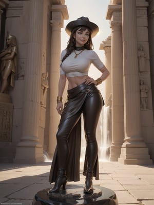 A woman, wearing a white T-shirt with a dark leather coat over her T-shirt, long brown leather pants, archaeologist's hat on her head, gigantic breasts, curly dark brown hair, bangs in front of her eyes, (((pose of erotic interacting and leaning on a large statue)))), in an ancient Egyptian temple, large gold altars, Grid figurines of ancient gods,  (large waterfall fixed to a statue), is daytime, desert full of sand, ((full body):1.5). 16k, UHD, best possible quality, best possible detail, best possible resolution, Unreal Engine 5, professional photography,