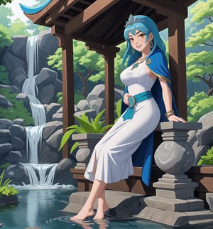An ultra-detailed 4K masterpiece with fantastic style and water features. | A young priestess in her 20s, with long blue hair and glowing red eyes, stands in the middle of a temple at the waterfalls. She wears a water priestess costume, consisting of a white dress with blue details, a blue cloak and a silver tiara with a blue stone in the center. She also wears silver waterdrop earrings, a blue stone necklace, and a silver bracelet with blue accents. Her face shows a seductive and enigmatic expression as she looks at the viewer and ((smiles)), showing her white teeth and blue painted lips. | The image highlights the imposing figure of the priestess and the temple's architectural elements such as stone structures, wooden structures, statues of water gods, fountains and Zen gardens. The waterfalls and river surrounding the temple create a relaxing and mystical environment, while the natural lighting from the sun highlights the details of the scene. | Soft lighting effects and water reflections create an ethereal and seductive atmosphere, while detailed textures on fabrics and structures add realism to the image. | A mystical and seductive scene of a young water priestess in a temple at the waterfalls. | (((((The image reveals a full-body shot as she assumes a sensual pose, engagingly leaning against a structure within the scene in an exciting manner. She takes on a sensual pose as she interacts, boldly leaning on a structure, leaning back in an exciting way.))))). | ((full-body shot)), ((perfect pose)), ((perfect fingers, better hands, perfect hands)), ((perfect legs, perfect feet)), ((Big, huge breasts)), ((perfect design)), ((perfect composition)), ((very detailed scene, very detailed background, perfect layout, correct imperfections)), More Detail, Enhance