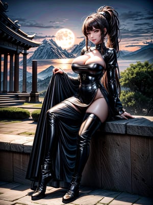 Just a female maid, black maid's outfit with white parts, brown boot, extremely tight and tight clothing, gigantic breasts, firm breasts, brown hair, long hair up to the shoulders, straight hair, hair with bangs in front of the eyes, hair with ponytail, staring at the spectator, (((erotic pose interacting and leaning on something))), in an ancient Arcadian temple, with altars, great monuments, large statues, background of mountains with great waterfalls at night, with a full moon at the top left, ((full body):1.5), 16k, UHD, best possible quality, ((ultra detailed):1.2), best possible resolution, Unreal Engine 5, professional photography, perfect_hands