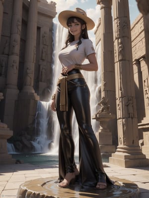 A woman, wearing a white T-shirt with a dark leather coat over her T-shirt, long brown leather pants, archaeologist's hat on her head, gigantic breasts, curly dark brown hair, bangs in front of her eyes, (((pose of erotic interacting and leaning on a large structure)))), in an ancient Egyptian temple, large gold altars, Grid statuettes of ancient gods,  ((large waterfall fixed to a statue)), is daytime, desert full of sand, ((full body):1.5). 16k, UHD, best possible quality, best possible detail, best possible resolution, Unreal Engine 5, professional photography,