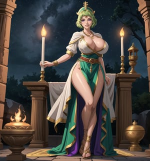 An ultra-detailed 16K masterpiece with fantasy, mystical and sensual styles, rendered in ultra-high resolution with realistic details. | A young 23 year old woman, with huge breasts, wearing a priestess of light outfit consisting of a white tunic with golden details, a golden belt, golden sandals and a shiny crystal necklace. Her short green hair, with a modern and stylish cut, has shiny strands that reflect the torchlight. Her purple eyes look at the viewer with a seductive expression, smiling and showing her teeth, with a reddened face. Located in an ancient temple in the forest at night, with stone structures, marble columns and sculptures of ancient gods. Heavy rain falls, creating a rhythmic sound as it hits the stone floor, while thunder rumbles in the background. Lighted torches illuminate the place, casting dancing shadows on the temple walls. A stone altar, statues of gods and ancient vases adorn the scene. | The image highlights the imposing figure of the young priestess of light and the architectural elements of the temple. The stone structures, marble columns and sculptures of ancient gods, together with the priestess, altar, statues and ancient vases, create a magical and sensual environment. Thunder in the night sky illuminates the scene, creating dramatic shadows and highlighting the details of the scene. | Soft, mystical lighting effects create a relaxing and mysterious atmosphere, while detailed textures on the structures and costume add realism to the image. | A relaxing and magical scene of a young priestess of light in an ancient forest temple at night, fusing elements of fantasy, mysticism and sensuality. | (((The image reveals a full-body shot as the young woman assumes a sensual pose, engagingly leaning against a structure within the scene in an exciting manner. She takes on a sensual pose as she interacts, boldly leaning on a structure, leaning back and boldly throwing herself onto the structure, reclining back in an exhilarating way.))). | ((((full-body shot)))), ((perfect pose)), ((perfect arms):1.2), ((perfect limbs, perfect fingers, better hands, perfect hands, hands)), ((perfect legs, perfect feet):1.2), the young woman has ((perfect breasts, firm breasts, saggy breasts, huge breasts)), ((perfect design)), ((perfect composition)), ((very detailed scene, very detailed background, perfect layout, correct imperfections)), Enhance, Ultra details, More Detail, milf, ((poakl)),