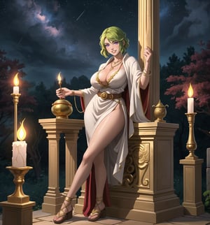 An ultra-detailed 16K masterpiece with fantasy, mystical and sensual styles, rendered in ultra-high resolution with realistic details. | A young 23 year old woman, with huge breasts, wearing a priestess of light outfit consisting of a white tunic with golden details, a golden belt, golden sandals and a shiny crystal necklace. Her short green hair, with a modern and stylish cut, has shiny strands that reflect the torchlight. Her purple eyes look at the viewer with a seductive expression, smiling and showing her teeth, with a reddened face. Located in an ancient temple in the forest at night, with stone structures, marble columns and sculptures of ancient gods. Heavy rain falls, creating a rhythmic sound as it hits the stone floor, while thunder rumbles in the background. Lighted torches illuminate the place, casting dancing shadows on the temple walls. A stone altar, statues of gods and ancient vases adorn the scene. | The image highlights the imposing figure of the young priestess of light and the architectural elements of the temple. The stone structures, marble columns and sculptures of ancient gods, together with the priestess, altar, statues and ancient vases, create a magical and sensual environment. Thunder in the night sky illuminates the scene, creating dramatic shadows and highlighting the details of the scene. | Soft, mystical lighting effects create a relaxing and mysterious atmosphere, while detailed textures on the structures and costume add realism to the image. | A relaxing and magical scene of a young priestess of light in an ancient forest temple at night, fusing elements of fantasy, mysticism and sensuality. | (((The image reveals a full-body shot as the young woman assumes a sensual pose, engagingly leaning against a structure within the scene in an exciting manner. She takes on a sensual pose as she interacts, boldly leaning on a structure, leaning back and boldly throwing herself onto the structure, reclining back in an exhilarating way.))). | ((((full-body shot)))), ((perfect pose)), ((perfect arms):1.2), ((perfect limbs, perfect fingers, better hands, perfect hands, hands)), ((perfect legs, perfect feet):1.2), the young woman has ((perfect breasts, firm breasts, saggy breasts, huge breasts)), ((perfect design)), ((perfect composition)), ((very detailed scene, very detailed background, perfect layout, correct imperfections)), Enhance, Ultra details, More Detail, milf, ((poakl)),