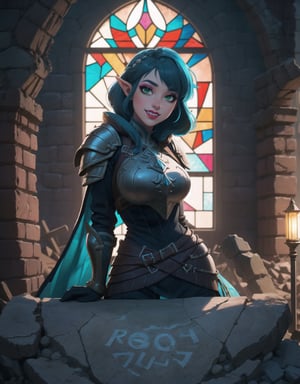 Resolution in UHD, inspired by the style of Zelda: Breath of the Wild. | Among the ruins of an ancient castle, a woman of extraordinary beauty wears a completely black medieval armor. Her blue eyes radiate happiness, and a big smile lights up her face as she looks directly at the viewer. The short and spiky blue hair, with a generous fringe covering the right eye, adds a unique touch. Adopting a sensual pose, she leans on a large structure, gracefully leaning backward. The camera, positioned very close, focuses on the entire body of the main character. | The nighttime environment is intensified by heavy rain, revealing detailed ruins, a large sword embedded in a stone, rusty armor, and rocky structures. A large stained glass window adorns the scene with vibrant colors, while destroyed furniture and ancient texts complete the atmosphere. | Meticulously adjusted lighting enhances the beauty of the woman in the black armor, while rain effects add movement to the scene. The Breath of the Wild style is incorporated in the fusion of medieval and fantastical elements. | An exceptional warrior in black medieval armor, radiating happiness in the ruins of an ancient castle during a rainy night. | She is adopting a ((sensual pose as interacts, boldly leaning on a large structure in the scene, leaning back in a dynamic way, adding a unique touch to the scene.):1.3), ((full body image)), perfect hand, fingers, hand, perfect, better_hands, More Detail,