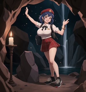 An ultra-detailed 4K fantasy-adventure masterpiece, rendered in ultra-high resolution with stunning graphical detail. | Akane, a young 22-year-old woman, is dressed in a schoolgirl uniform, consisting of a white blouse, black and red plaid skirt, black tie and black sneakers. She also wears a black cap with the school emblem, gold star-shaped earrings, black leather bracelets with metal details on the cuffs, and a black backpack. His short blue hair is disheveled, in a modern, shaggy cut. Her red eyes are looking straight at the viewer as she smiles and shows her teeth, wearing bright red lipstick and war paint on her face. It is located in a macabre cave, with rock structures, wooden structures, metal structures and a waterfall at the bottom. Candlelight illuminates the place, casting dancing shadows on the cave walls. | The image highlights Akane's sensual and strong figure and the macabre cave elements, creating an atmosphere of mystery and adventure. Dramatic lighting creates deep shadows and highlights details in the scene. | Soft, moody lighting effects create a relaxing and mysterious atmosphere, while rough, detailed textures on structures and decor add realism to the image. | A sensual and terrifying scene of a beautiful woman in a macabre cave, fusing elements of fantasy and adventure art. | (((The image reveals a full-body shot as Akane assumes a sensual pose, engagingly leaning against a structure within the scene in an exciting manner. She takes on a sensual pose as she interacts, boldly leaning on a structure, leaning back and boldly throwing herself onto the structure, reclining back in an exhilarating way.))). | ((((full-body shot)))), ((perfect pose)), ((perfect limbs, perfect fingers, better hands, perfect hands))++, ((perfect legs, perfect feet))++, ((huge breasts)), ((perfect design)), ((perfect composition)), ((very detailed scene, very detailed background, perfect layout, correct imperfections)), Enhance++, Ultra details++, More Detail++,poakl