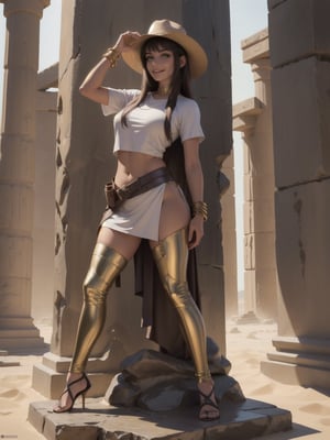 A woman, wearing a white T-shirt with a dark leather coat over her T-shirt, long brown leather pants, archaeologist's hat on her head, gigantic breasts, curly dark brown hair, bangs in front of her eyes, (((pose of erotic interacting and leaning on a large structure))), in an ancient Egyptian temple, large gold altars, Grid statuettes of ancient gods, large waterfall fixed to a statue, is daytime, desert full of sand, ((full body):1.5). 16k, UHD, best possible quality, best possible detail, best possible resolution, Unreal Engine 5, professional photography,