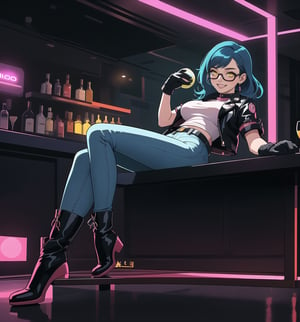 A masterpiece in 8K ultra-detailed resolution with Cyberpunk and Sci-Fi styles, rendered in ultra-high resolution with graphic details. | A young 23-year-old woman, wearing a black leather jacket with neon details, a white T-shirt, tight jeans, black leather boots and gloves, with a utility belt and augmented reality glasses. Her short blue hair, modern and stylish cut, with pink highlights, gently falls over her shoulders. Her yellow eyes look at the viewer with a ((seductive smile, showing her teeth)). | The image emphasizes the sensual figure of the woman in the middle of a modern bar with glass walls, metal furniture, neon lighting, holograms, and a dance floor. The electronic music plays loudly, creating a lively and energetic atmosphere. | Vibrant and colorful lighting effects create a futuristic and electrifying atmosphere, while detailed textures on the clothes and fabrics add realism to the image. | A sensual and futuristic scene of a young woman in a modern bar, exploring themes of seduction, technology, and energy. | (((((The image reveals a full-body shot of the character as she assumes a sensual pose. She enticingly leans, throws herself, and supports herself against a structure within the scene in an exciting manner. While leaning back, she takes on a sensual pose, boldly throwing herself onto the structure and reclining back in an exhilarating way.))))). | ((full-body shot)), ((perfect pose)), ((perfect fingers, better hands, perfect hands)), ((perfect legs, perfect feet)), ((huge breasts)), ((perfect design)), ((perfect composition)), ((very detailed scene, very detailed background, perfect layout, correct imperfections)), More Detail, Enhance