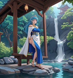 An ultra-detailed 8K masterpiece with mystical style and water elements. | A young water priestess, 21 years old, is in the middle of a temple at the waterfalls. She wears a ceremonial outfit consisting of a white tunic with blue details and a blue cloak. She also wears accessories such as a blue diadem with a waterdrop-shaped jewel, blue waterdrop earrings, and a silver bracelet with a blue ribbon. Her long blue hair falls softly over her shoulders, while her red eyes shine as she looks at the viewer and smiles, showing off her white teeth and blue painted lips. | The image highlights the imposing figure of the priestess and the architectural elements of the temple, such as stone structures, wooden structures, steel structures, marble structures, a bonfire and lanterns illuminating the place. The waterfalls and river surrounding the temple create a relaxing and mystical environment, while natural and artificial lighting from the sun and lanterns highlight the details of the scene. | Soft lighting effects and water reflections create an ethereal and seductive atmosphere, while detailed textures on fabrics and structures add realism to the image. | A mystical and seductive scene of a young water priestess in a temple at the waterfalls. | (((((The image reveals a full-body shot as she assumes a sensual pose, engagingly leaning against a structure within the scene in an exciting manner. She takes on a sensual pose as she interacts, boldly leaning on a structure, leaning back in an exciting way.))))). | ((full-body shot)), ((perfect pose)), ((perfect fingers, better hands, perfect hands)), ((perfect legs, perfect feet)), ((Big, huge breasts)), ((perfect design)), ((perfect composition)), ((very detailed scene, very detailed background, perfect layout, correct imperfections)), More Detail, Enhance