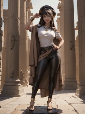 A woman, wearing a white T-shirt with a dark leather coat over her T-shirt, long brown leather pants, archaeologist's hat on her head, gigantic breasts, curly dark brown hair, bangs in front of her eyes, (((pose of erotic interacting and leaning on an object)))), in an ancient Egyptian temple, large gold altars, Grid statuettes of ancient gods,  a great waterfall fixed to a statue, is by day, desert full of sand, ((full body):1.5). 16k, UHD, best possible quality, best possible detail, best possible resolution, Unreal Engine 5, professional photography,