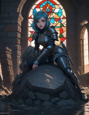Resolution in UHD, inspired by the style of Zelda: Breath of the Wild. | Among the ruins of an ancient castle, a woman of extraordinary beauty wears a completely black medieval armor. Her blue eyes radiate happiness, and a big smile lights up her face as she looks directly at the viewer. The short and spiky blue hair, with a generous fringe covering the right eye, adds a unique touch. Adopting a sensual pose, she leans on a large structure, gracefully leaning backward. The camera, positioned very close, focuses on the entire body of the main character. | The nighttime environment is intensified by heavy rain, revealing detailed ruins, a large sword embedded in a stone, rusty armor, and rocky structures. A large stained glass window adorns the scene with vibrant colors, while destroyed furniture and ancient texts complete the atmosphere. | Meticulously adjusted lighting enhances the beauty of the woman in the black armor, while rain effects add movement to the scene. The Breath of the Wild style is incorporated in the fusion of medieval and fantastical elements. | An exceptional warrior in black medieval armor, radiating happiness in the ruins of an ancient castle during a rainy night. | She is adopting a ((sensual pose as interacts, boldly leaning on a large structure in the scene, leaning back in a dynamic way, adding a unique touch to the scene.):1.3), (((full body image))), perfect hand, fingers, hand, perfect, better_hands, More Detail,
