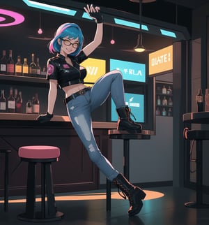 A masterpiece in 8K ultra-detailed resolution with Cyberpunk and Sci-Fi styles, rendered in ultra-high resolution with graphic details. | A young 23-year-old woman, wearing a black leather jacket with neon details, a white T-shirt, tight jeans, black leather boots and gloves, with a utility belt and augmented reality glasses. Her short blue hair, modern and stylish cut, with pink highlights, gently falls over her shoulders. Her yellow eyes look at the viewer with a ((seductive smile, showing her teeth)). | The image emphasizes the sensual figure of the woman in the middle of a modern bar with glass walls, metal furniture, neon lighting, holograms, and a dance floor. The electronic music plays loudly, creating a lively and energetic atmosphere. | Vibrant and colorful lighting effects create a futuristic and electrifying atmosphere, while detailed textures on the clothes and fabrics add realism to the image. | A sensual and futuristic scene of a young woman in a modern bar, exploring themes of seduction, technology, and energy. | (((((The image reveals a full-body shot of the character as she assumes a sensual pose. She enticingly leans, throws herself, and supports herself against a structure within the scene in an exciting manner. While leaning back, she takes on a sensual pose, boldly throwing herself onto the structure and reclining back in an exhilarating way.))))). | ((full-body shot)), ((perfect pose)), ((perfect fingers, better hands, perfect hands)), ((perfect legs, perfect feet)), ((huge breasts)), ((perfect design)), ((perfect composition)), ((very detailed scene, very detailed background, perfect layout, correct imperfections)), More Detail, Enhance