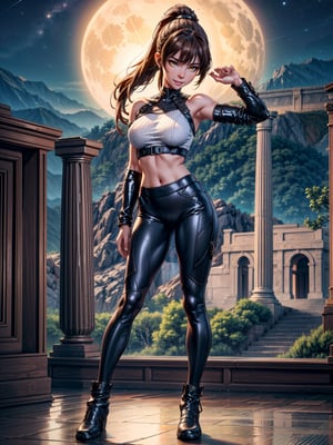 Just a woman, white T-shirt, black leather pants, brown boot, extremely tight and tight clothing, gigantic breasts, firm breasts, brown hair, shoulder-length hair, slender hair, hair with bangs in front of the eyes, hair in a ponytail, staring at the camera, (((erotic pose interacting and leaning on something))), in an ancient Arcadian temple,  with altars, great monuments, large statues, background of mountains with great waterfalls at ((night)), with a full moon at the top left, ((full body):1.5), 16k, UHD, best possible quality, ((ultra detailed):1.2), best possible resolution, Unreal Engine 5, professional photography, perfect_hands