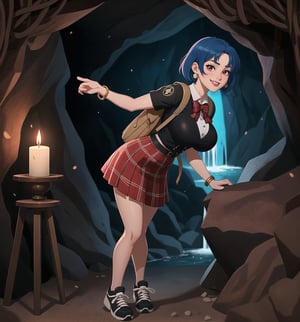 An ultra-detailed 4K fantasy-adventure masterpiece, rendered in ultra-high resolution with stunning graphical detail. | Akane, a young 22-year-old woman, is dressed in a schoolgirl uniform, consisting of a white blouse, black and red plaid skirt, black tie and black sneakers. She also wears a black cap with the school emblem, gold star-shaped earrings, black leather bracelets with metal details on the cuffs, and a black backpack. His short blue hair is disheveled, in a modern, shaggy cut. Her red eyes are looking straight at the viewer as she smiles and shows her teeth, wearing bright red lipstick and war paint on her face. It is located in a macabre cave, with rock structures, wooden structures, metal structures and a waterfall at the bottom. Candlelight illuminates the place, casting dancing shadows on the cave walls. | The image highlights Akane's sensual and strong figure and the macabre cave elements, creating an atmosphere of mystery and adventure. Dramatic lighting creates deep shadows and highlights details in the scene. | Soft, moody lighting effects create a relaxing and mysterious atmosphere, while rough, detailed textures on structures and decor add realism to the image. | A sensual and terrifying scene of a beautiful woman in a macabre cave, fusing elements of fantasy and adventure art. | (((The image reveals a full-body shot as Akane assumes a sensual pose, engagingly leaning against a structure within the scene in an exciting manner. She takes on a sensual pose as she interacts, boldly leaning on a structure, leaning back and boldly throwing herself onto the structure, reclining back in an exhilarating way.))). | ((((full-body shot)))), ((perfect pose)), ((perfect limbs, perfect fingers, better hands, perfect hands))++, ((perfect legs, perfect feet))++, ((huge breasts)), ((perfect design)), ((perfect composition)), ((very detailed scene, very detailed background, perfect layout, correct imperfections)), Enhance++, Ultra details++, More Detail++, poakl
