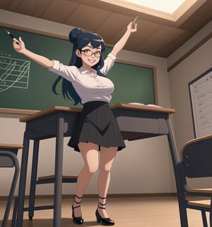 A masterpiece in 8K ultra-detailed resolution with Realistic and Comedy styles, rendered in ultra-high resolution with graphic details. | A young 23-year-old woman, wearing a white blouse, a black skirt, black stockings, black high-heeled shoes, and reading glasses. Her long blue hair is tied up in a high bun with a pen. Her yellow eyes look at the viewer with a ((friendly smile, showing her teeth)). | The image emphasizes the figure of the woman in the middle of a classroom with tables and chairs, a blackboard, a pointer, textbooks, and an interactive whiteboard. The students are seated at the tables, listening attentively to the lesson. | Soft and natural lighting effects create a welcoming and fun atmosphere, while detailed textures on the clothes and fabrics add realism to the image. | A cheerful and humorous scene of a young teacher giving a lesson, exploring themes of education, fun, and learning. | (((((The image reveals a full-body shot of the character as she assumes a sensual pose. She enticingly leans, throws herself, and supports herself against a structure within the scene in an exciting manner. While leaning back, she takes on a sensual pose, boldly throwing herself onto the structure and reclining back in an exhilarating way.))))). | ((full-body shot)), ((perfect pose)), ((perfect fingers, better hands, perfect hands)), ((perfect legs, perfect feet)), ((huge breasts)), ((perfect design)), ((perfect composition)), ((very detailed scene, very detailed background, perfect layout, correct imperfections)), More Detail, Enhance,
