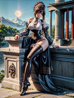 Just a female maid, black maid's outfit with white parts, brown boot, extremely tight and tight clothing, gigantic breasts, firm breasts, brown hair, shoulder-length hair, slender hair, hair with bangs in front of the eyes, hair in a ponytail, staring at the viewer, (((erotic pose interacting and leaning on something))), in an ancient Arcadian temple, with altars, great monuments, large statues, background of mountains with great waterfalls at night, with a full moon at the top left, ((full body):1.5), 16k, UHD, best possible quality, ((ultra detailed):1.2), best possible resolution, Unreal Engine 5, professional photography, perfect_hands