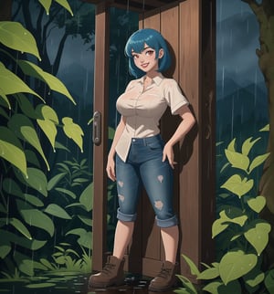 An ultra-detailed 16K masterpiece with macabre stylings fused with camper elements, rendered in ultra-high resolution with graphic detail. A young woman is dressed in a camper outfit, including a green short-sleeved shirt, jeans and mountain boots. She has short, straight blue hair with a big fringe that covers part of her bright red eyes. She has two long pansies with blue clips and is ((smiling, showing her white teeth)) wearing red lipstick. The rain hitting her wet outfit reveals her sensual curves as she explores the macabre forest during the stormy night. The image highlights the figure of the young woman and the wooden structures and tall trees of the camp around her. Intermittent lightning flashes illuminate the scene and create dramatic shadows, emphasising the details of the wet forest. Dramatic lighting effects and heavy rain create a sombre and tense atmosphere, while detailed textures in the costume and vegetation add realism to the image. A sensual and frightening scene of a young woman in the camp during a storm in the macabre forest. (((((The image reveals a full-body shot as she strikes a sensual pose, engagingly leaning against a structure within the scene in a thrilling manner. As she leans back, she assumes a sensual pose, leaning against the structure and reclining in an exciting way.))))). | ((full-body shot)), ((perfect pose)), ((perfect fingers, better hands, perfect hands)), ((perfect legs, perfect feet)), ((huge breasts)), ((perfect design)), ((perfect composition)), ((very detailed scene, very detailed background, perfect layout, correct imperfections)), More Detail, Enhance