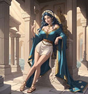 An ultra-detailed 16K masterpiece with classic and mythological styles, rendered in ultra-high resolution with stunning graphical detail. | Sofia, a 27-year-old woman, is dressed in a Greek woman's costume, consisting of a white linen tunic with gold details and a brown leather belt. She is also wearing brown leather sandals and a wreath of flowers and olive leaves in her blue hair. Her hair is long and wavy, falling gently over her shoulders. She has yellow eyes, looking at the viewer while smiling seductively, showing her teeth and wearing red lipstick. It is located in an ancient Greek temple, with structures of white marble, wood and rock. The scene is lit by sunlight, creating soft shadows on the walls. There are figurines of ancient gods scattered around the place, creating a welcoming and mystical atmosphere. | The image highlights Sofia's sensual figure and the architectural elements of the ancient Greek temple. The white marble, wood and rock structures, together with Sofia, the figurines and the flowers, create a mystical and seductive environment. Sunlight illuminates the scene, creating soft shadows and highlighting the details of the scene. | Soft, warm lighting effects create a sensual and mystical atmosphere, while detailed textures on Sofia's structures and clothing add realism to the image. | A sensual and mystical scene of a Greek woman in an ancient temple, fusing elements of classical and mythological art. | (((The image reveals a full-body shot as Sofia assumes a erotic pose, engagingly leaning against a structure within the scene in an exciting manner. She takes on a erotic pose as she interacts, boldly leaning on a structure, leaning back and boldly throwing herself onto the structure, reclining back in an exhilarating way.))). | ((((full-body shot)))), ((perfect pose)), ((perfect fingers, better hands, perfect hands)), ((perfect legs, perfect feet)), ((huge breasts)), ((perfect design)), ((perfect composition)), ((very detailed scene, very detailed background, perfect layout, correct imperfections)), More Detail, Enhance, ((solo))