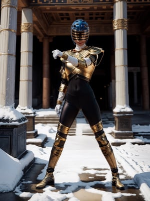 A woman, wearing armor, very tight and tight on the body, gigantic breasts, blue hair, short hair, flat hair, hair with bangs in front of the eyes, (helmet on the head), looking at the viewer, (((pose with interaction and leaning on [something|an object]))), in an ancient temple with altars, pillars, lots of snow and ice, icy air, is at night, ((full body):1.5), 16k, UHD, best possible quality, ultra detailed, best possible resolution, Unreal Engine 5, professional photography, well-detailed fingers, well-detailed hand, perfect_hands,Gold_Zeo_Ranger