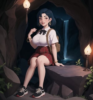 An ultra-detailed 4K fantasy-adventure masterpiece, rendered in ultra-high resolution with stunning graphical detail. | Akane, a young 22-year-old woman, is dressed in a schoolgirl uniform, consisting of a white blouse, black and red plaid skirt, black tie and black sneakers. She also wears a black cap with the school emblem, gold star-shaped earrings, black leather bracelets with metal details on the cuffs, and a black backpack. His short blue hair is disheveled, in a modern, shaggy cut. Her red eyes are looking straight at the viewer as she smiles and shows her teeth, wearing bright red lipstick and war paint on her face. It is located in a macabre cave, with rock structures, wooden structures, metal structures and a waterfall at the bottom. Candlelight illuminates the place, casting dancing shadows on the cave walls. | The image highlights Akane's sensual and strong figure and the macabre cave elements, creating an atmosphere of mystery and adventure. Dramatic lighting creates deep shadows and highlights details in the scene. | Soft, moody lighting effects create a relaxing and mysterious atmosphere, while rough, detailed textures on structures and decor add realism to the image. | A sensual and terrifying scene of a beautiful woman in a macabre cave, fusing elements of fantasy and adventure art. | (((The image reveals a full-body shot as Akane assumes a sensual pose, engagingly leaning against a structure within the scene in an exciting manner. She takes on a sensual pose as she interacts, boldly leaning on a structure, leaning back and boldly throwing herself onto the structure, reclining back in an exhilarating way.))). | ((((full-body shot)))), ((perfect pose)), ((perfect limbs, perfect fingers, better hands, perfect hands, hands))++, ((perfect legs, perfect feet))++, ((huge breasts)), ((perfect design)), ((perfect composition)), ((very detailed scene, very detailed background, perfect layout, correct imperfections)), Enhance++, Ultra details++, More Detail++, 