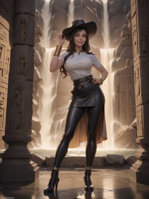 A woman, wearing a white T-shirt with a dark leather coat over her T-shirt, long brown leather pants, archaeologist's hat on her head, gigantic breasts, curly dark brown hair, bangs in front of her eyes, (((pose of erotic interacting and leaning on an object))), in an ancient Egyptian temple, large gold altars, Grid statuettes of ancient gods,  ((large waterfall fixed to a statue)), is daytime, desert full of sand, ((full body):1.5). 16k, UHD, best possible quality, best possible detail, best possible resolution, Unreal Engine 5, professional photography,