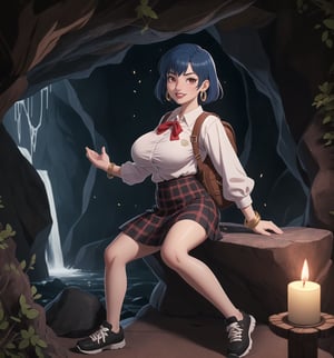 An ultra-detailed 4K fantasy-adventure masterpiece, rendered in ultra-high resolution with stunning graphical detail. | Akane, a young 22-year-old woman, is dressed in a schoolgirl uniform, consisting of a white blouse, black and red plaid skirt, black tie and black sneakers. She also wears a black cap with the school emblem, gold star-shaped earrings, black leather bracelets with metal details on the cuffs, and a black backpack. His short blue hair is disheveled, in a modern, shaggy cut. Her red eyes are looking straight at the viewer as she smiles and shows her teeth, wearing bright red lipstick and war paint on her face. It is located in a macabre cave, with rock structures, wooden structures, metal structures and a waterfall at the bottom. Candlelight illuminates the place, casting dancing shadows on the cave walls. | The image highlights Akane's sensual and strong figure and the macabre cave elements, creating an atmosphere of mystery and adventure. Dramatic lighting creates deep shadows and highlights details in the scene. | Soft, moody lighting effects create a relaxing and mysterious atmosphere, while rough, detailed textures on structures and decor add realism to the image. | A sensual and terrifying scene of a beautiful woman in a macabre cave, fusing elements of fantasy and adventure art. | (((The image reveals a full-body shot as Akane assumes a sensual pose, engagingly leaning against a structure within the scene in an exciting manner. She takes on a sensual pose as she interacts, boldly leaning on a structure, leaning back and boldly throwing herself onto the structure, reclining back in an exhilarating way.))). | ((((full-body shot)))), ((perfect pose)), ((perfect limbs, perfect fingers, better hands, perfect hands))++, ((perfect legs, perfect feet))++, ((huge breasts)), ((perfect design)), ((perfect composition)), ((very detailed scene, very detailed background, perfect layout, correct imperfections)), Enhance++, Ultra details++, More Detail++