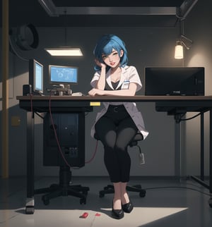 An ultra-detailed 16K masterpiece with a realistic and futuristic style, rendered in ultra-high resolution with stunning graphical detail. | Darla, a 30-year-old woman, is dressed in a scientist outfit consisting of a white shirt, black pants and a white lab coat. She is also wearing protective goggles and rubber gloves. His blue hair is short and combed back, with a slight disheveled effect. She has yellow eyes, looking at the viewer while smiling, showing her teeth and wearing red lipstick. She is in a sensual pose, leaning on a laboratory table with scientific equipment scattered around her. | The scene takes place in a disease study laboratory, with machines, metal structures, computers and concrete structures. Illumination is provided by fluorescent lights, creating harsh shadows on the walls and highlighting the details of the scene. | Soft, shadowy lighting effects create a tense, mysterious atmosphere, while detailed textures on materials and structures add realism to the image. | A sensual and intriguing scene of a scientist in a disease study laboratory, exploring themes of science, technology and seduction. | (((The image reveals a full-body shot as Darla assumes a sensual pose, engagingly leaning against a structure within the scene in an exciting manner. She takes on a sensual pose as she interacts, boldly leaning on a structure, leaning back and boldly throwing herself onto the structure, reclining back in an exhilarating way.))). | ((((full-body shot)))), ((perfect pose)), ((perfect limbs, perfect fingers, better hands, perfect hands)), ((perfect legs, perfect feet)), ((huge breasts)), ((perfect design)), ((perfect composition)), ((very detailed scene, very detailed background, perfect layout, correct imperfections)), More Detail, Enhance