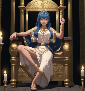 A masterpiece in 8K ultra-detailed resolution, combining the ancient Egyptian style with horror elements, rendered in ultra-high resolution with impressive details. | A 25-year-old woman wears an Egyptian outfit consisting of a white tunic with gold details, a long skirt with blue and gold stripes, a gold belt with scarab-shaped pendants, and gold sandals. She also wears a wide necklace with Eye of Horus pendants, gold bracelets with Egyptian engravings, and a gold tiara with a raised cobra on her forehead. Her blue hair is long and straight, with a side bang and a high hairstyle adorned with gold beads. Her yellow eyes are looking at the viewer while she smiles and shows her teeth. She is inside an Egyptian tomb, surrounded by hieroglyphs, statues of Egyptian gods, ancient sarcophagi, and hidden treasures. The atmosphere is mysterious and fascinating, with torchlight illuminating the tomb walls and creating dancing shadows. | The image highlights the beauty and mystery of the Egyptian woman, contrasting with the dark and scary tomb environment. The gold and blue details of the woman's outfit shine in the darkness, while the statues and hieroglyphs create a sense of antiquity and hidden secrets. The dramatic torchlight illuminates the scene's details and creates a tense and fearful atmosphere. | Soft and dark lighting effects create a mysterious and scary atmosphere, while detailed textures on the tomb walls, fabrics, and accessories add realism to the image. | A fascinating and terrifying scene of an Egyptian woman inside an ancient tomb, exploring themes of mystery, fear, and beauty. | (((((The image reveals a full-body shot of the character as she assumes a sensual pose. She enticingly leans, throws herself, and supports herself against a structure within the scene in an exciting manner. While leaning back, she takes on a sensual pose, boldly throwing herself onto the structure and reclining back in an exhilarating way.))))). | ((full-body shot)), ((perfect pose)), ((perfect fingers, better hands, perfect hands)), ((perfect legs, perfect feet)), ((huge breasts)), ((perfect design)), ((perfect composition)), ((very detailed scene, very detailed background, perfect layout, correct imperfections)), More Detail, Enhance,
