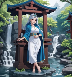 An ultra-detailed 4K masterpiece with fantastic style and water features. | A young priestess in her 20s, with long blue hair and glowing red eyes, stands in the middle of a temple at the waterfalls. She wears a water priestess costume, consisting of a white dress with blue details, a blue cloak and a silver tiara with a blue stone in the center. She also wears silver waterdrop earrings, a blue stone necklace, and a silver bracelet with blue accents. Her face shows a seductive and enigmatic expression as she looks at the viewer and ((smiles)), showing her white teeth and blue painted lips. | The image highlights the imposing figure of the priestess and the temple's architectural elements such as stone structures, wooden structures, statues of water gods, fountains and Zen gardens. The waterfalls and river surrounding the temple create a relaxing and mystical environment, while the natural lighting from the sun highlights the details of the scene. | Soft lighting effects and water reflections create an ethereal and seductive atmosphere, while detailed textures on fabrics and structures add realism to the image. | A mystical and seductive scene of a young water priestess in a temple at the waterfalls. | (((((The image reveals a full-body shot as she assumes a sensual pose, engagingly leaning against a structure within the scene in an exciting manner. She takes on a sensual pose as she interacts, boldly leaning on a structure, leaning back in an exciting way.))))). | ((full-body shot)), ((perfect pose)), ((perfect fingers, better hands, perfect hands)), ((perfect legs, perfect feet)), ((Big, huge breasts)), ((perfect design)), ((perfect composition)), ((very detailed scene, very detailed background, perfect layout, correct imperfections)), More Detail, Enhance