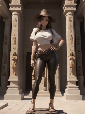 A woman, wearing a white T-shirt with a dark leather coat over her T-shirt, long brown leather pants, archaeologist's hat on her head, gigantic breasts, curly dark brown hair, bangs in front of her eyes, (((pose of erotic interacting and leaning on an object)))), in an ancient Egyptian temple, large gold altars, Grid statuettes of ancient gods,  a great waterfall fixed to a statue, is by day, desert full of sand, ((full body):1.5). 16k, UHD, best possible quality, best possible detail, best possible resolution, Unreal Engine 5, professional photography,