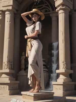 A woman, wearing a white T-shirt with a dark leather coat over her T-shirt, long brown leather pants, archaeologist's hat on her head, gigantic breasts, curly dark brown hair, bangs in front of her eyes, (((pose of erotic interacting and leaning on a large altar))), in an ancient Egyptian temple, large gold altars, Grid figurines of ancient gods,  ((large waterfall fixed to a statue)), is daytime, desert full of sand, ((full body):1.5). 16k, UHD, best possible quality, best possible detail, best possible resolution, Unreal Engine 5, professional photography,