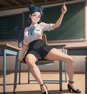 A masterpiece in 8K ultra-detailed resolution with Realistic and Comedy styles, rendered in ultra-high resolution with graphic details. | A young 23-year-old woman, wearing a white blouse, a black skirt, black stockings, black high-heeled shoes, and reading glasses. Her long ((blue hair)) is tied up in a high bun with a pen. Her yellow eyes look at the viewer with a ((friendly smile, showing her teeth)). | The image emphasizes the figure of the woman in the middle of a classroom with tables and chairs, a blackboard, a pointer, textbooks, and an interactive whiteboard. The students are seated at the tables, listening attentively to the lesson. | Soft and natural lighting effects create a welcoming and fun atmosphere, while detailed textures on the clothes and fabrics add realism to the image. | A cheerful and humorous scene of a young teacher giving a lesson, exploring themes of education, fun, and learning. | (((((The image reveals a full-body shot of the character as she assumes a sensual pose. She enticingly leans, throws herself, and supports herself against a structure within the scene in an exciting manner. While leaning back, she takes on a sensual pose, boldly throwing herself onto the structure and reclining back in an exhilarating way.))))). | ((full-body shot)), ((perfect pose)), ((perfect fingers, better hands, perfect hands)), ((perfect legs, perfect feet)), ((huge breasts)), ((perfect design)), ((perfect composition)), ((very detailed scene, very detailed background, perfect layout, correct imperfections)), More Detail, Enhance,