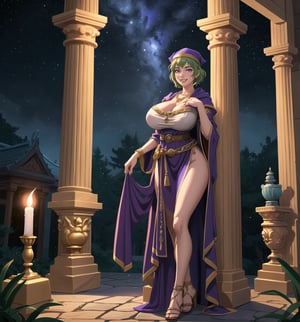 An ultra-detailed 16K masterpiece with fantasy, mystical and sensual styles, rendered in ultra-high resolution with realistic details. | A young 23 year old woman, with huge breasts, wearing a priestess of light outfit consisting of a white tunic with golden details, a golden belt, golden sandals and a shiny crystal necklace. Her short green hair, with a modern and stylish cut, has shiny strands that reflect the torchlight. Her purple eyes look at the viewer with a seductive expression, smiling and showing her teeth, with a reddened face. Located in an ancient temple in the forest at night, with stone structures, marble columns and sculptures of ancient gods. Heavy rain falls, creating a rhythmic sound as it hits the stone floor, while thunder rumbles in the background. Lighted torches illuminate the place, casting dancing shadows on the temple walls. A stone altar, statues of gods and ancient vases adorn the scene. | The image highlights the imposing figure of the young priestess of light and the architectural elements of the temple. The stone structures, marble columns and sculptures of ancient gods, together with the priestess, altar, statues and ancient vases, create a magical and sensual environment. Thunder in the night sky illuminates the scene, creating dramatic shadows and highlighting the details of the scene. | Soft, mystical lighting effects create a relaxing and mysterious atmosphere, while detailed textures on the structures and costume add realism to the image. | A relaxing and magical scene of a young priestess of light in an ancient forest temple at night, fusing elements of fantasy, mysticism and sensuality. | (((The image reveals a full-body shot as the young woman assumes a sensual pose, engagingly leaning against a structure within the scene in an exciting manner. She takes on a sensual pose as she interacts, boldly leaning on a structure, leaning back and boldly throwing herself onto the structure, reclining back in an exhilarating way.))). | ((((full-body shot)))), ((perfect pose)), ((perfect arms):1.2), ((perfect limbs, perfect fingers, better hands, perfect hands, hands)), ((perfect legs, perfect feet):1.2), the young woman has ((perfect breasts, firm breasts, saggy breasts, huge breasts)), ((perfect design)), ((perfect composition)), ((very detailed scene, very detailed background, perfect layout, correct imperfections)), Enhance, Ultra details, More Detail, milf, ((poakl)),