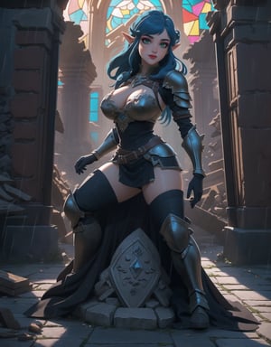 4K, with a style inspired by the game Zelda: Breath of the Wild. | Amidst the ruins of an ancient destroyed temple, a stunning woman wears a completely black medieval armor, covering her entire body. Her blue eyes radiate happiness, and a big smile lights up her face as she looks directly at the viewer. Short, spiky blue hair, with a voluminous fringe over her right eye, adds a unique touch to her appearance. Adopting a sensual pose, she interacts and leans on a large structure, gracefully leaning back. The camera, positioned very close, focuses on the entire body of the main character. | The nighttime scene is intensified by heavy rain, revealing details of the temple ruins, a large sword embedded in a stone, altars, destroyed furniture, and a large stained glass window. Rusty armors scatter on the ground, and large structures display ancient texts. | Carefully adjusted lighting highlights the beauty of the woman in black armor, while the rain adds dynamism to the scene. The Breath of the Wild style is incorporated in the combination of medieval and fantastical elements, creating an exciting and immersive scene. | A stunning warrior in black medieval armor, smiling cheerfully in the ruins of an ancient temple on a rainy night. | She is adopting a ((sensual pose as interacts, boldly leaning on a large structure in the scene, leaning back in a dynamic way, adding a unique touch to the scene.):1.3), (((full body image))), perfect hand, fingers, hand, perfect, better_hands, More Detail,