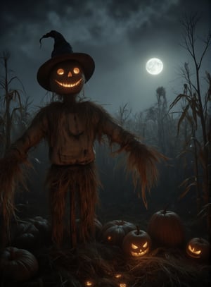 A worn, rustic scarecrow stands tall in a dimly lit cornfield at dusk on Halloween night. The moon casts an eerie glow through the fog, as the scarecrow's tattered straw-stuffed body appears to come alive amidst the dry husks of autumn's harvest. A crooked smile creeps across its face, eyes glowing with an otherworldly light.