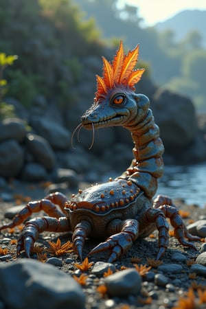 Create a breathtakingly realistic 8K resolution Creature Mashup: monster creature crab with long neck like chicken neck, crab legs,crystal stone, set in at rocky beach with seaweed background, ground angle shot, ray tracing, strobe light, hdr lighting, chromatic aberration, v_ray, ray casting, shadow,
