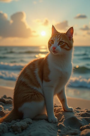 Imagine a solitary cat, its fur kissed by the golden hues of the setting sun, perched gracefully on the sandy shores. It gazes out towards the vast sea, where the azure horizon kisses the sky. The gentle sea breeze ruffles its whiskers, and the rhythmic sound of the waves serenades this peaceful moment.
