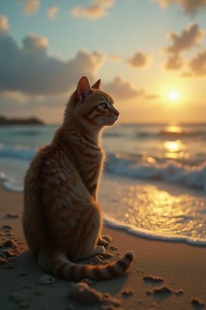 Imagine a solitary cat, its fur kissed by the golden hues of the setting sun, perched gracefully on the sandy shores. It gazes out towards the vast sea, where the azure horizon kisses the sky. The gentle sea breeze ruffles its whiskers, and the rhythmic sound of the waves serenades this peaceful moment.
