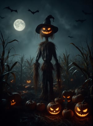 A worn, rustic scarecrow stands tall in a dimly lit cornfield at dusk on Halloween night. The moon casts an eerie glow through the fog, as the scarecrow's tattered straw-stuffed body appears to come alive amidst the dry husks of autumn's harvest. A crooked smile creeps across its face, eyes glowing with an otherworldly light.