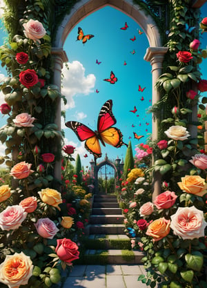 wide_shot, ultrarealism, cinematic, ultra high definition, hyper realistic, high detailed, 8K, (masterpiece, best quality),"Step into a world of endless imagination, where a garden blooms with vibrant roses of every color and butterflies dance in the air."

, Qftan, Monster, ,Landskaper