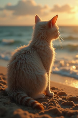 Imagine a solitary cat, its fur kissed by the golden hues of the setting sun, perched gracefully on the sandy shores. It gazes out towards the vast sea, where the azure horizon kisses the sky. The gentle sea breeze ruffles its whiskers, and the rhythmic sound of the waves serenades this peaceful moment. hyper-realistic detailed landscape background,
