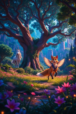 Panoramic shot of an enchanted forest at dusk, with towering trees aglow from within, their bioluminescent bark emitting a soft, ethereal light. Mythical creatures, rendered in whimsical animation, frolic amidst the glowing foliage: a fox with iridescent fur sprints alongside a winged unicorn, as fireflies dance around them, lighting the way.