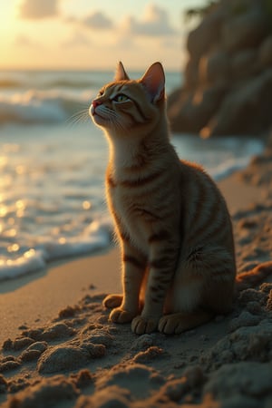 Imagine a solitary cat, its fur kissed by the golden hues of the setting sun, perched gracefully on the sandy shores. It gazes out towards the vast sea, where the azure horizon kisses the sky. The gentle sea breeze ruffles its whiskers, and the rhythmic sound of the waves serenades this peaceful moment. hyper-realistic detailed background,
