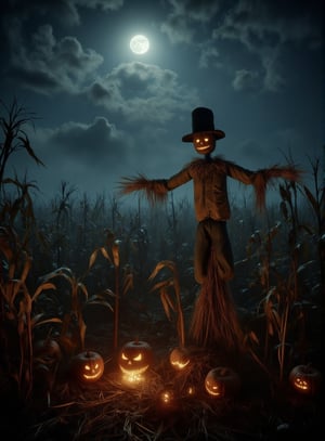 A worn, rustic scarecrow stands tall in a dimly lit cornfield at dusk on Halloween night. The moon casts an eerie glow through the fog, as the scarecrow's tattered straw-stuffed body appears to come alive amidst the dry husks of autumn's harvest. A crooked smile creeps across its face, eyes glowing with an otherworldly light.