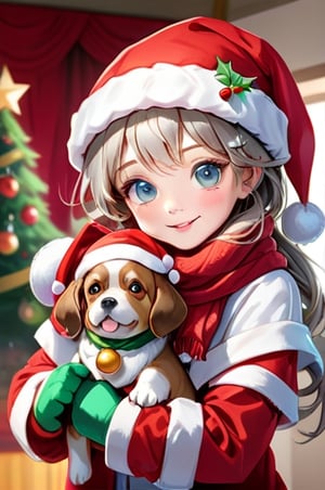 masterpiece, best quality, high resolution, extremely detailed CG, santa costume, santa hat, lovingly, dog, (detailed eyes), (round eyes), (perfect detailed face), long hair, cute, elaborately designed clothes, (brilliant colorful luminescence christmas ornaments),  (puffy gloves), scarf, (merry christmas), indoors, (bright colors), (christmas party), 