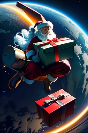 Santa Claus delivering gifts in space, night, Santa Claus, gifts, high quality, Santa Claus, man, space, Santa Claus delivering gifts in the galaxy, 1 man, Santa Claus in space, in the immense outer space, stars, galaxy, universe,,<lora:659111690174031528:1.0>
