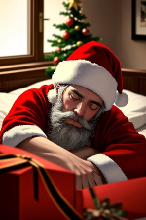 a santa claus is laying in bed next to his sleeping deer, gift, christmas, reindeer, beard, 1boy, christmas tree, hat, male focus, facial hair, window, santa costume,<lora:659111690174031528:1.0>