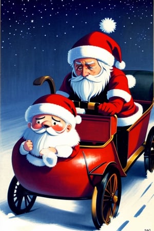 Santa Claus carriage breaks down, sad expression,<lora:659111690174031528:1.0>