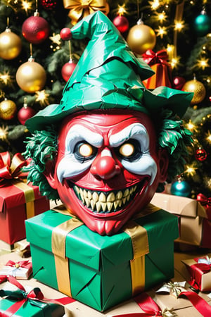  Christmas present box mimic , red cardboard box, green and gold bow, large teeth, closing large mouth, horror, dark Christmas atmosphere,christmas tree and decorations,clown mask ,